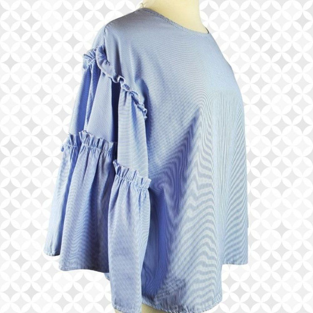 dRA Los Angeles blue & white pin striped wide ruffled bell sleeved blouse Sz M - Picture 4 of 10